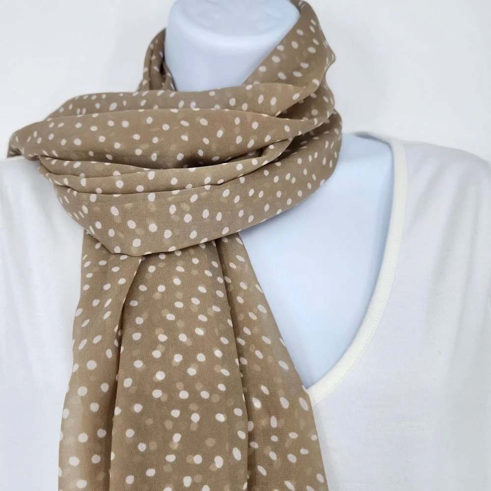 The Limited Tan‎ White Dot Deer Print Scarf Lightweight Sheer Chiffon Old Money